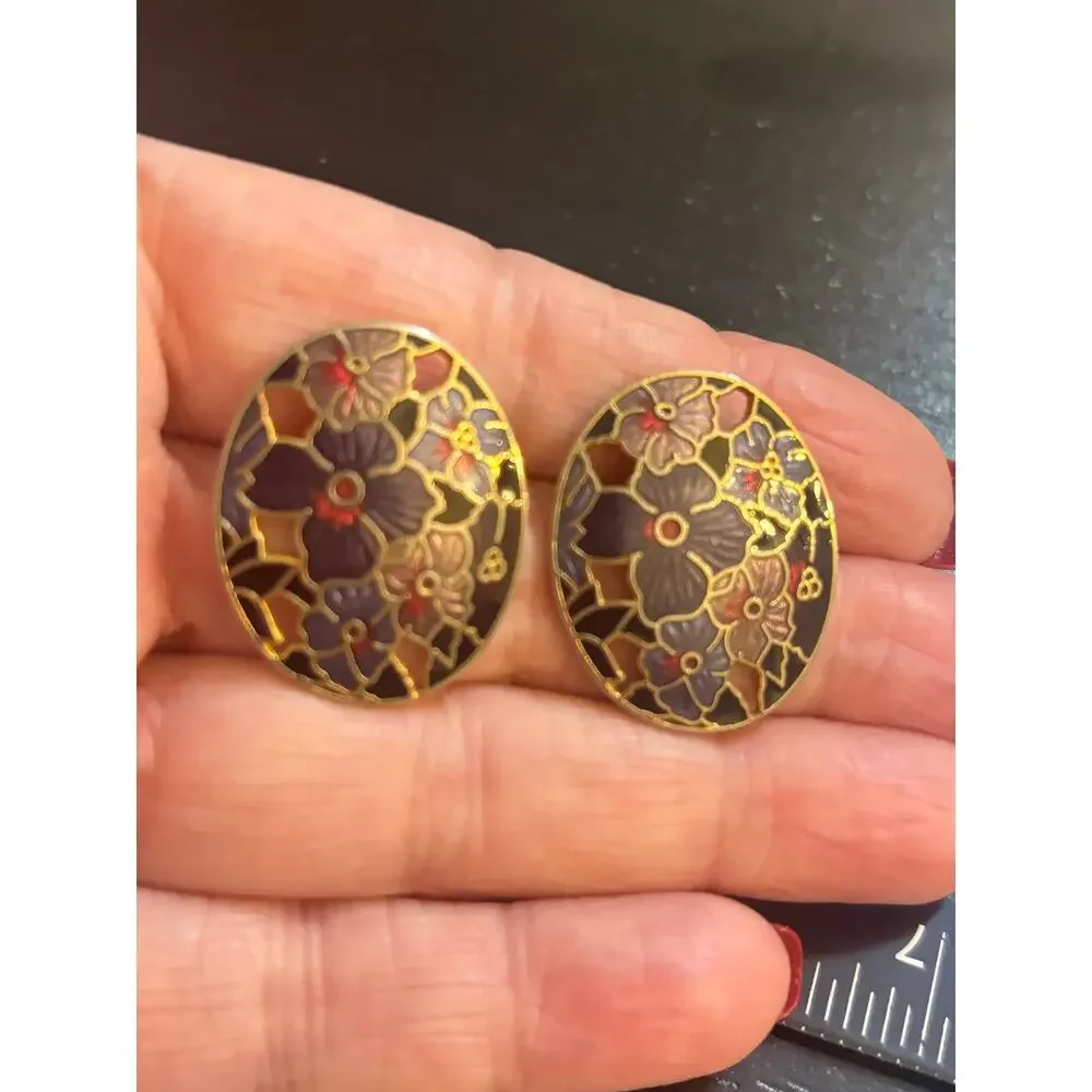 Vintage Floral Cloisonné Enamel Pierced Earrings